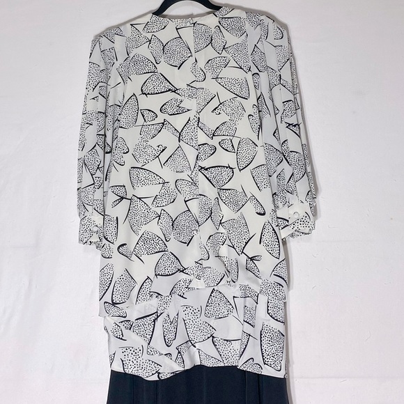 Vintage 90s Cream Black Print Modest Midi Dress M - Picture 12 of 13